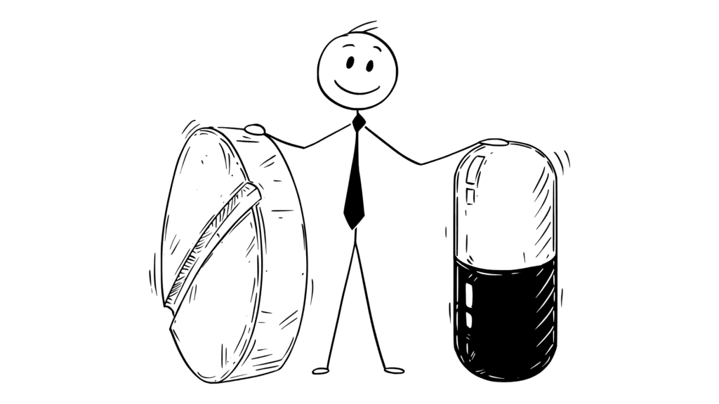 stick man holding 2 pills